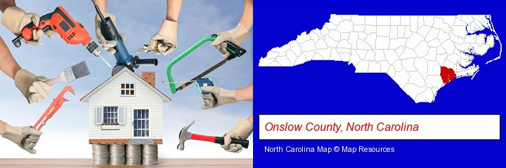 home improvement concepts and tools; Onslow County, North Carolina highlighted in red on a map