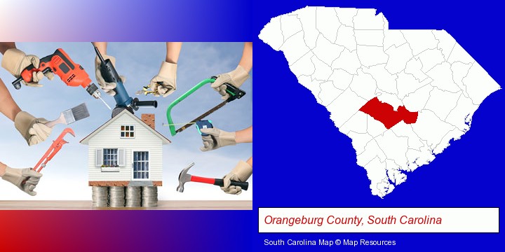 home improvement concepts and tools; Orangeburg County, South Carolina highlighted in red on a map