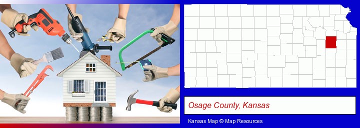 home improvement concepts and tools; Osage County, Kansas highlighted in red on a map