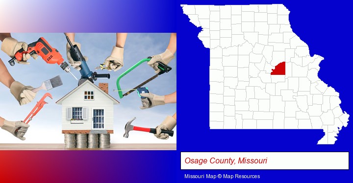 home improvement concepts and tools; Osage County, Missouri highlighted in red on a map