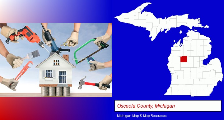 home improvement concepts and tools; Osceola County, Michigan highlighted in red on a map