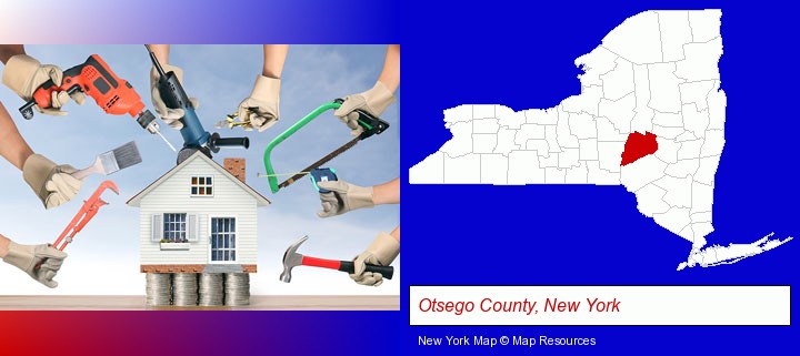 home improvement concepts and tools; Otsego County, New York highlighted in red on a map