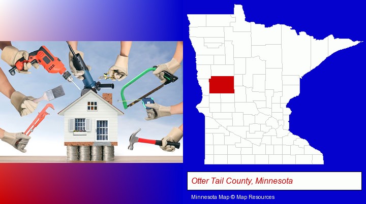 home improvement concepts and tools; Otter Tail County, Minnesota highlighted in red on a map