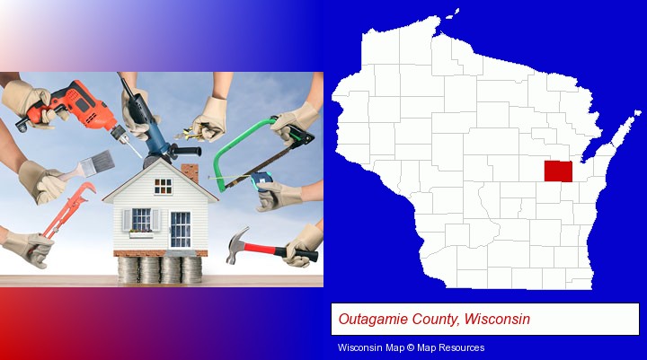 home improvement concepts and tools; Outagamie County, Wisconsin highlighted in red on a map