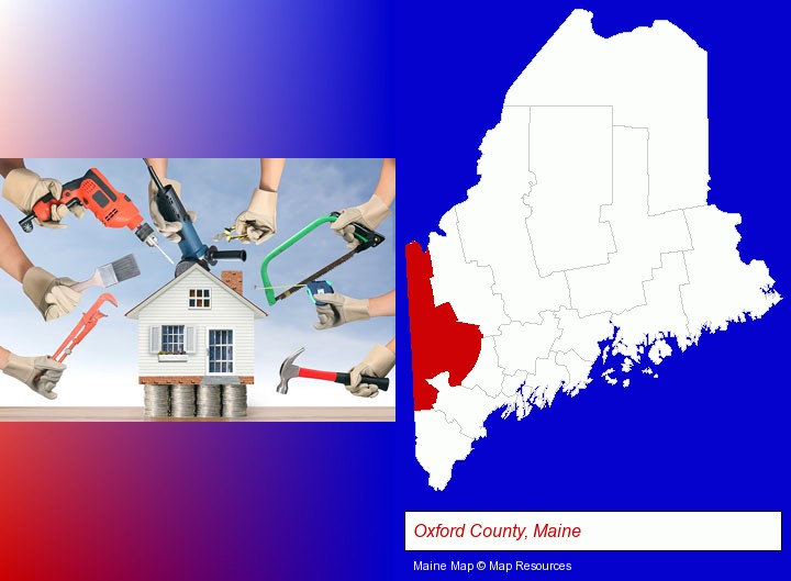 home improvement concepts and tools; Oxford County, Maine highlighted in red on a map