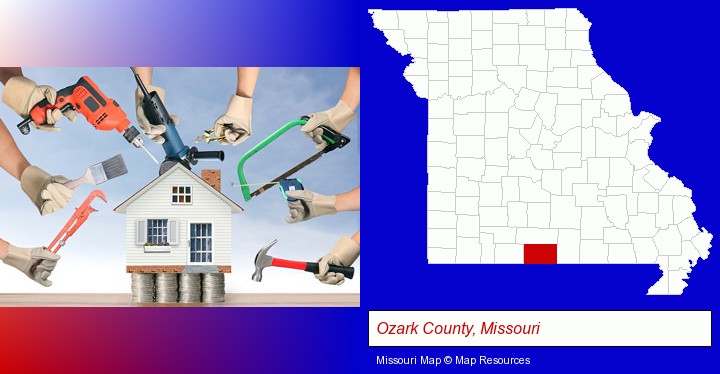 home improvement concepts and tools; Ozark County, Missouri highlighted in red on a map