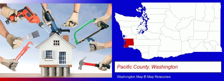 home improvement concepts and tools; Pacific County, Washington highlighted in red on a map