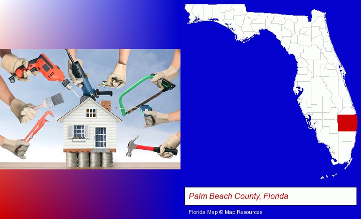 home improvement concepts and tools; Palm Beach County, Florida highlighted in red on a map