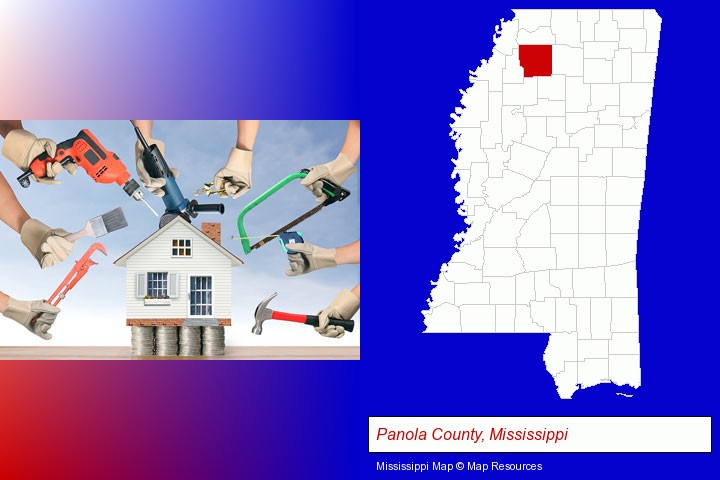 home improvement concepts and tools; Panola County, Mississippi highlighted in red on a map