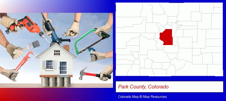 home improvement concepts and tools; Park County, Colorado highlighted in red on a map