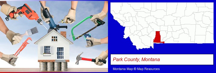 home improvement concepts and tools; Park County, Montana highlighted in red on a map