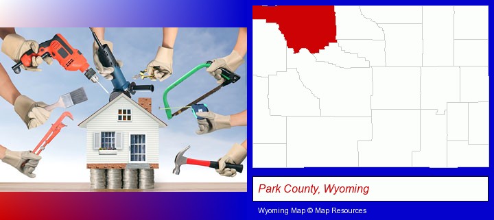 home improvement concepts and tools; Park County, Wyoming highlighted in red on a map
