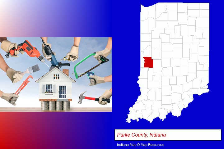 home improvement concepts and tools; Parke County, Indiana highlighted in red on a map