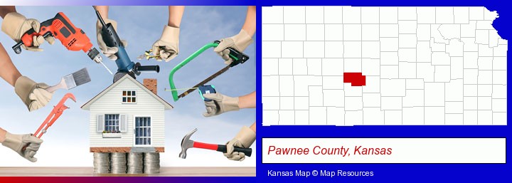 home improvement concepts and tools; Pawnee County, Kansas highlighted in red on a map