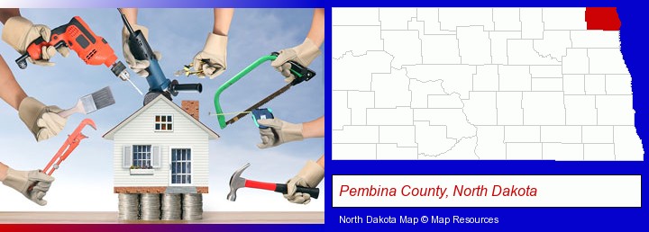 home improvement concepts and tools; Pembina County, North Dakota highlighted in red on a map