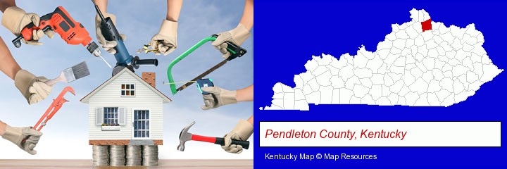 home improvement concepts and tools; Pendleton County, Kentucky highlighted in red on a map