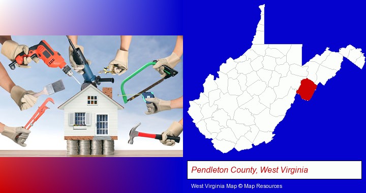 home improvement concepts and tools; Pendleton County, West Virginia highlighted in red on a map