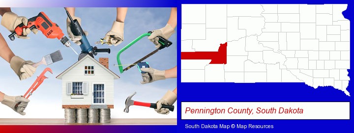 home improvement concepts and tools; Pennington County, South Dakota highlighted in red on a map