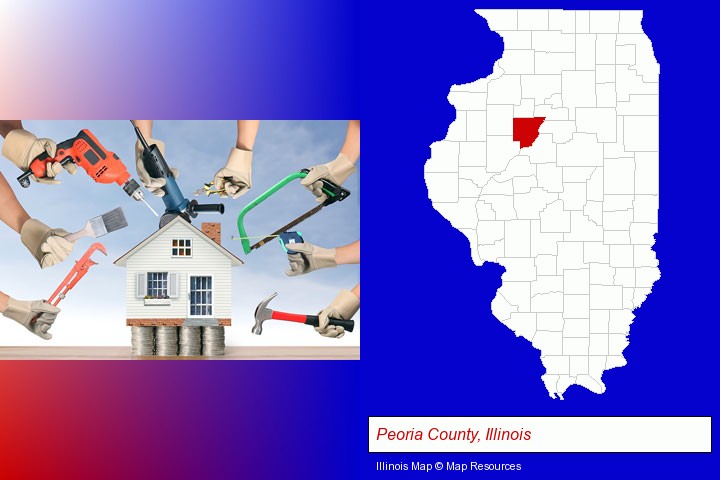 home improvement concepts and tools; Peoria County, Illinois highlighted in red on a map