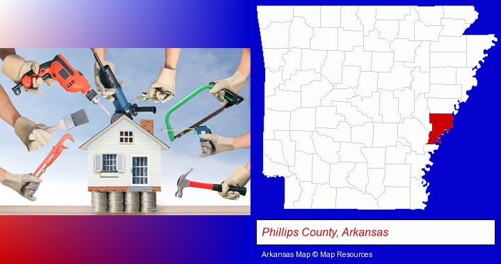 home improvement concepts and tools; Phillips County, Arkansas highlighted in red on a map