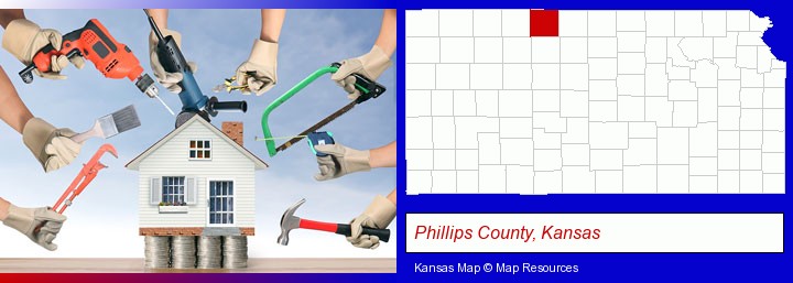 home improvement concepts and tools; Phillips County, Kansas highlighted in red on a map