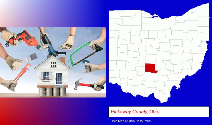 home improvement concepts and tools; Pickaway County, Ohio highlighted in red on a map