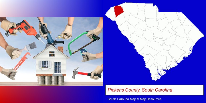 home improvement concepts and tools; Pickens County, South Carolina highlighted in red on a map