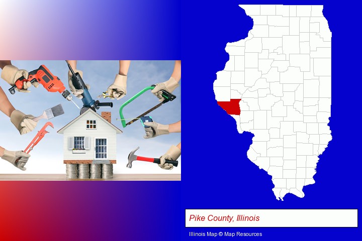home improvement concepts and tools; Pike County, Illinois highlighted in red on a map