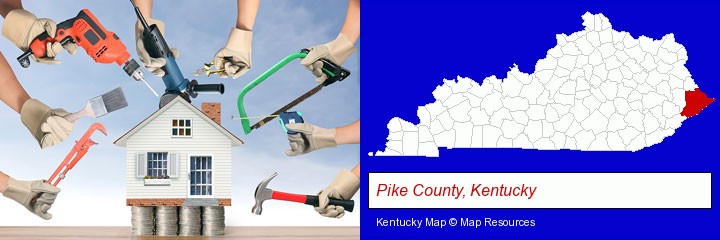 home improvement concepts and tools; Pike County, Kentucky highlighted in red on a map