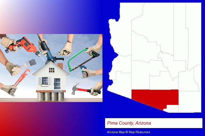 home improvement concepts and tools; Pima County, Arizona highlighted in red on a map