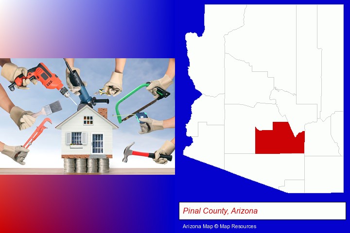 home improvement concepts and tools; Pinal County, Arizona highlighted in red on a map