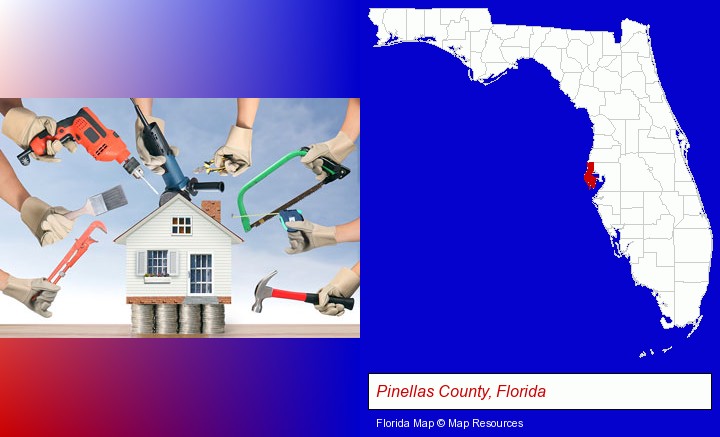 home improvement concepts and tools; Pinellas County, Florida highlighted in red on a map