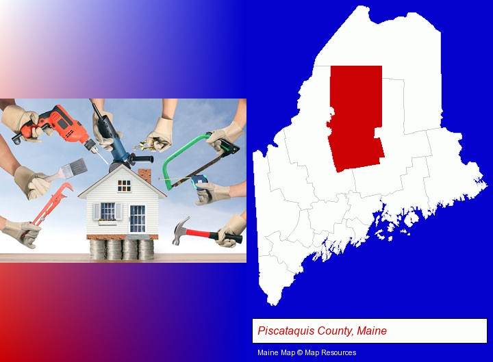 home improvement concepts and tools; Piscataquis County, Maine highlighted in red on a map