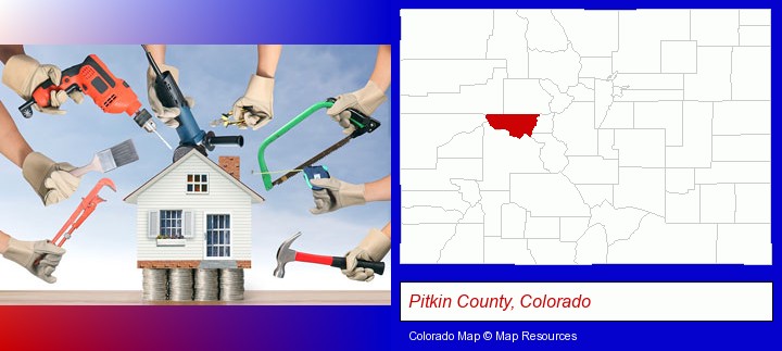 home improvement concepts and tools; Pitkin County, Colorado highlighted in red on a map