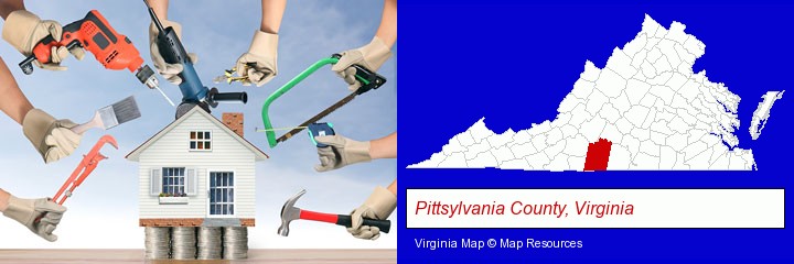 home improvement concepts and tools; Pittsylvania County, Virginia highlighted in red on a map