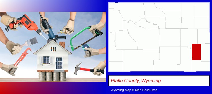 home improvement concepts and tools; Platte County, Wyoming highlighted in red on a map