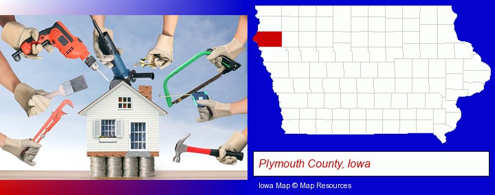 home improvement concepts and tools; Plymouth County, Iowa highlighted in red on a map