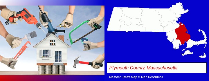 home improvement concepts and tools; Plymouth County, Massachusetts highlighted in red on a map