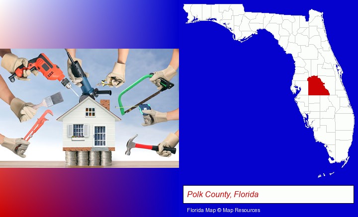 home improvement concepts and tools; Polk County, Florida highlighted in red on a map