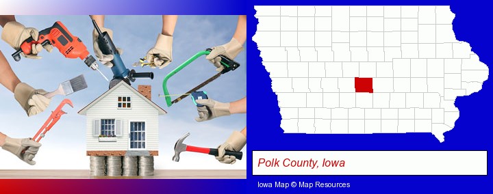 home improvement concepts and tools; Polk County, Iowa highlighted in red on a map