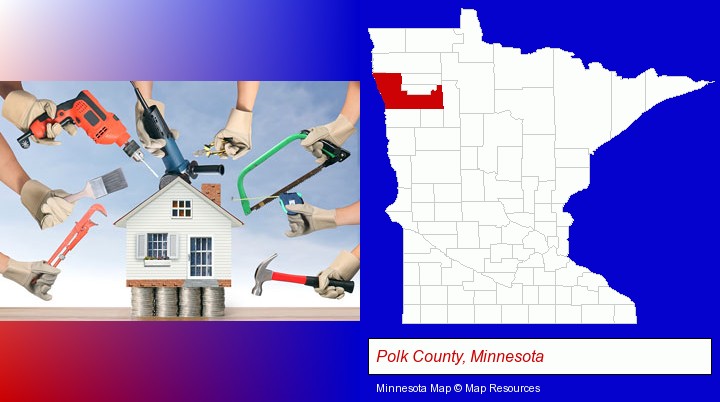 home improvement concepts and tools; Polk County, Minnesota highlighted in red on a map