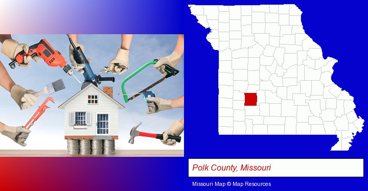 home improvement concepts and tools; Polk County, Missouri highlighted in red on a map