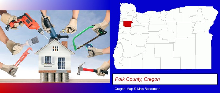 home improvement concepts and tools; Polk County, Oregon highlighted in red on a map