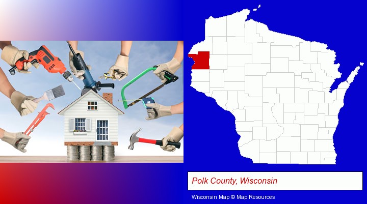 home improvement concepts and tools; Polk County, Wisconsin highlighted in red on a map
