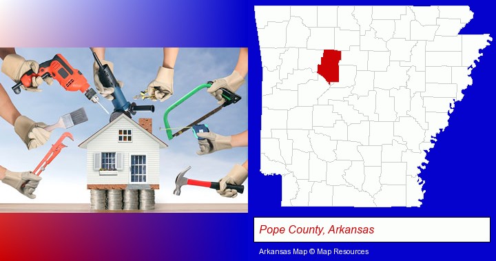 home improvement concepts and tools; Pope County, Arkansas highlighted in red on a map