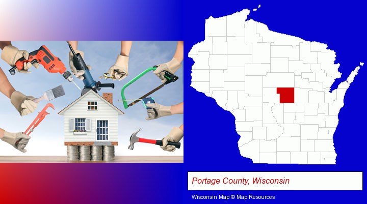 home improvement concepts and tools; Portage County, Wisconsin highlighted in red on a map