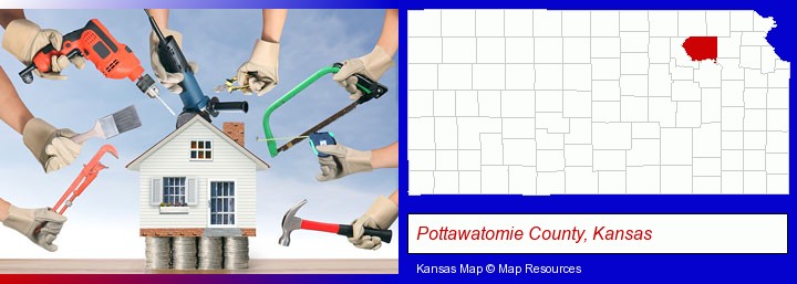 home improvement concepts and tools; Pottawatomie County, Kansas highlighted in red on a map