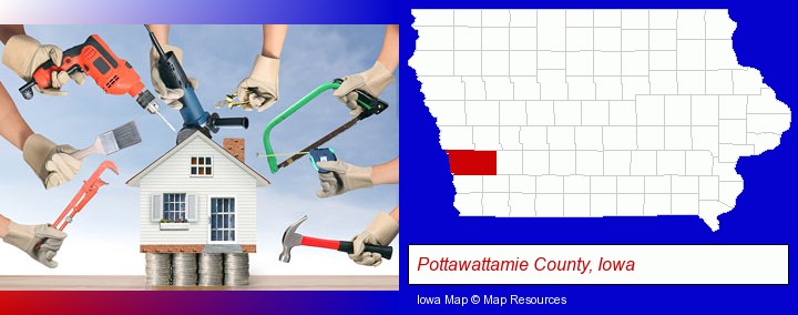 home improvement concepts and tools; Pottawattamie County, Iowa highlighted in red on a map