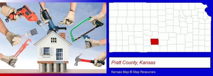 home improvement concepts and tools; Pratt County, Kansas highlighted in red on a map