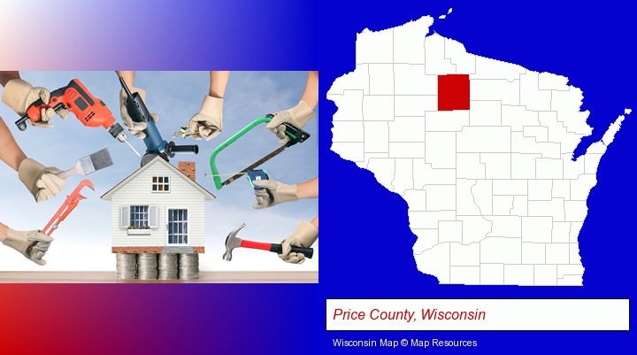 home improvement concepts and tools; Price County, Wisconsin highlighted in red on a map